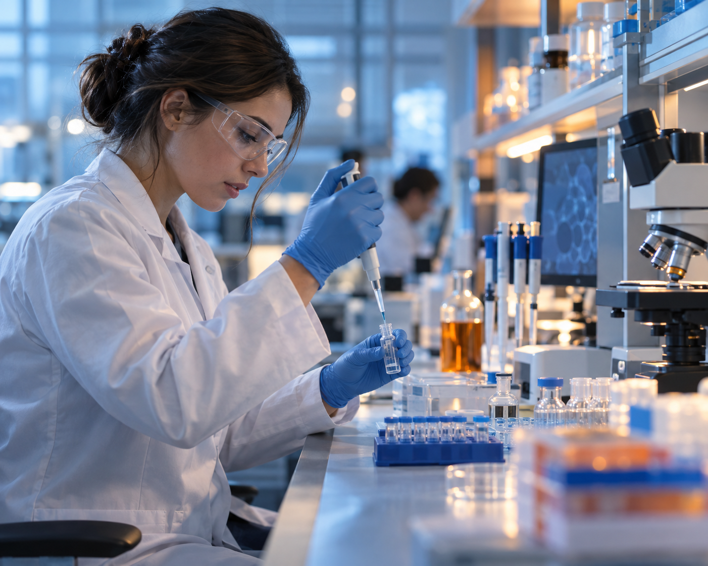 Pharmaceutical researcher preparing samples in a modern medical laboratory