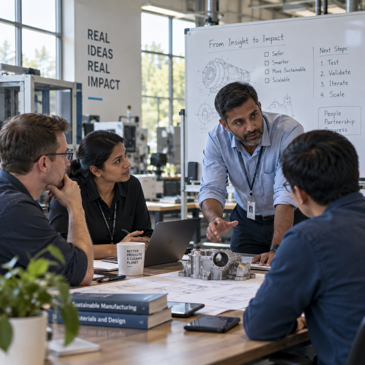 Four professionals collaborating around a wooden table covered with technical blueprints and a metal component, with a whiteboard reading From Insight to Impact in a bright modern engineering workshop