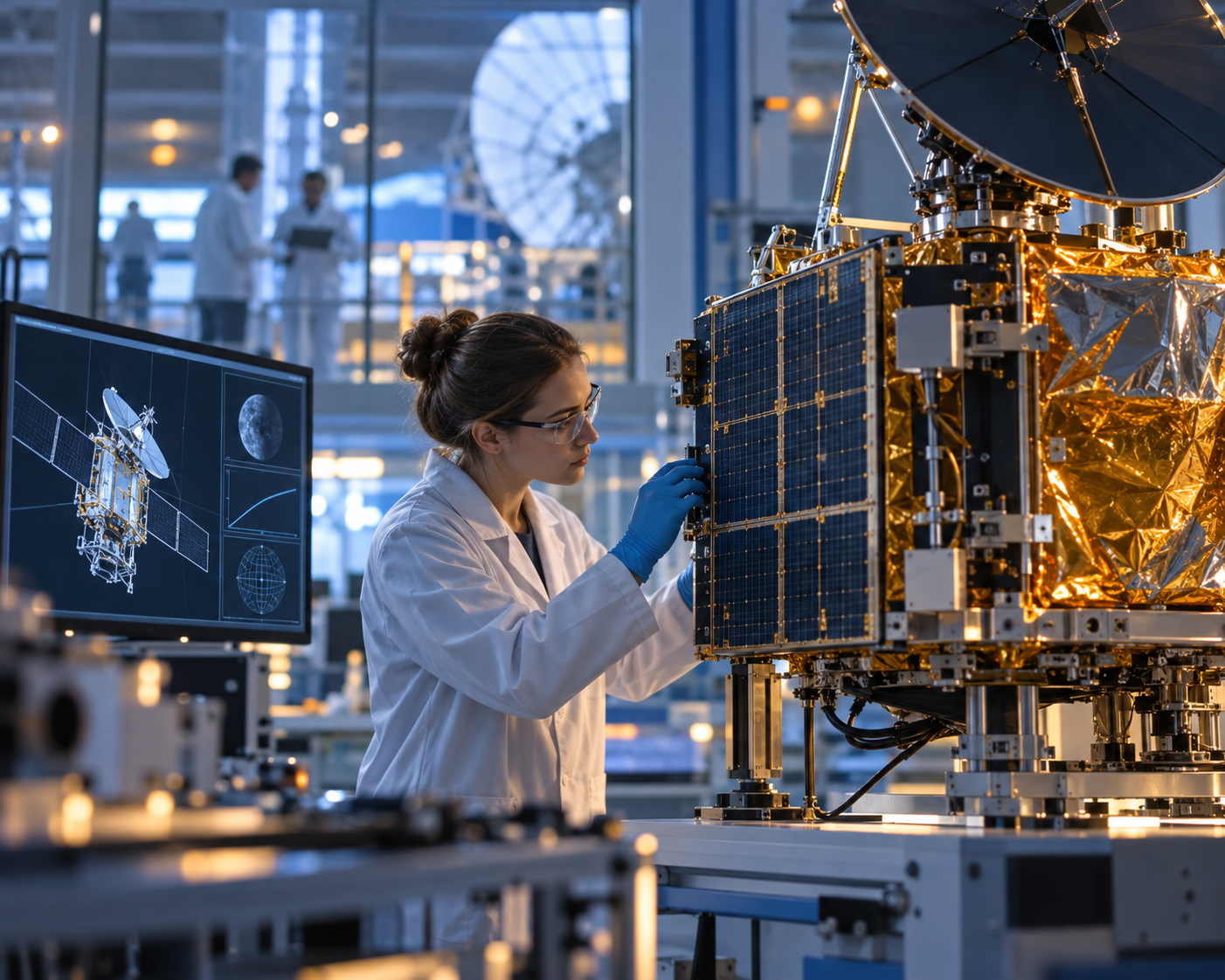 Aerospace engineer inspecting a satellite in a research facility