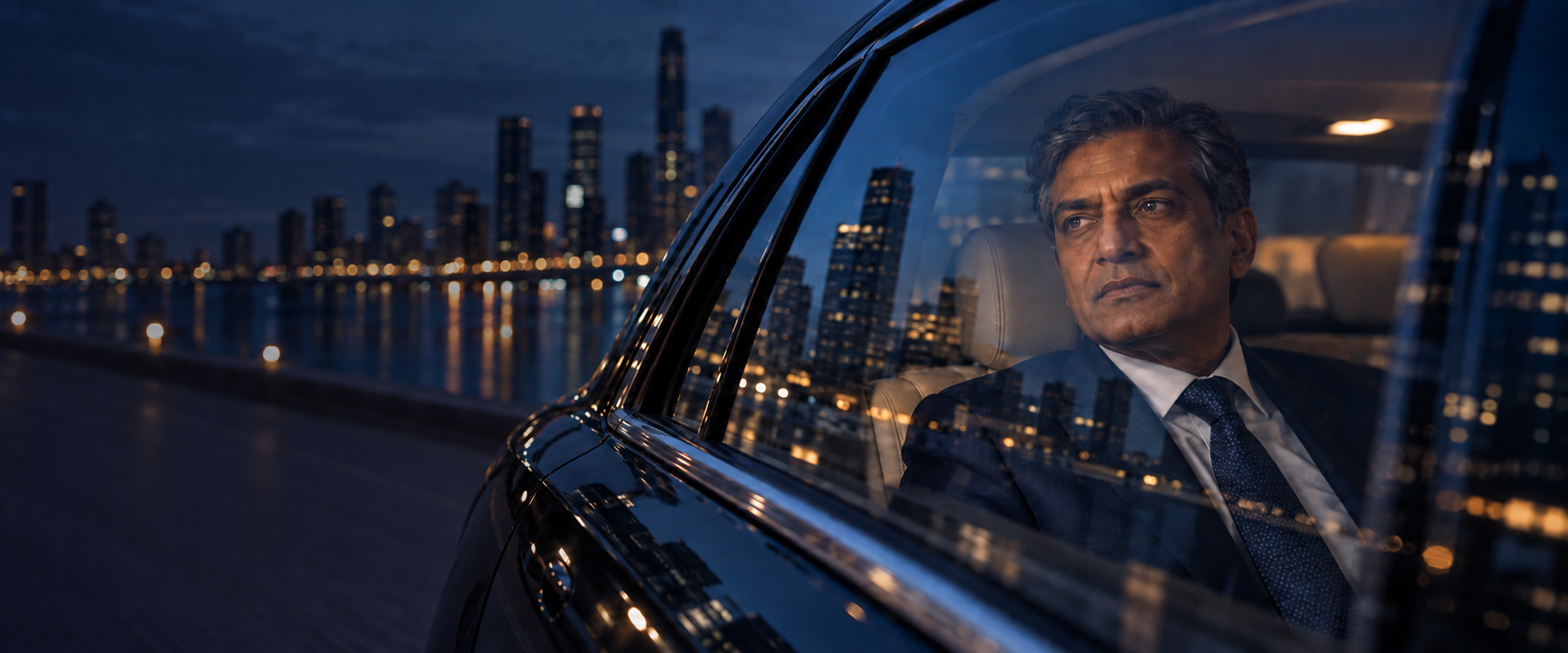 A pensive executive looking out a car window at dusk over a city skyline, representing strategic research and long-term thinking
