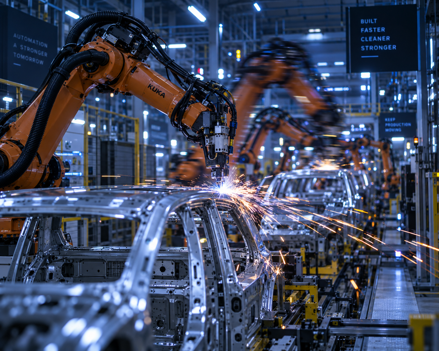 Automated car manufacturing plant with orange robotic arms welding a silver car chassis amid bright sparks