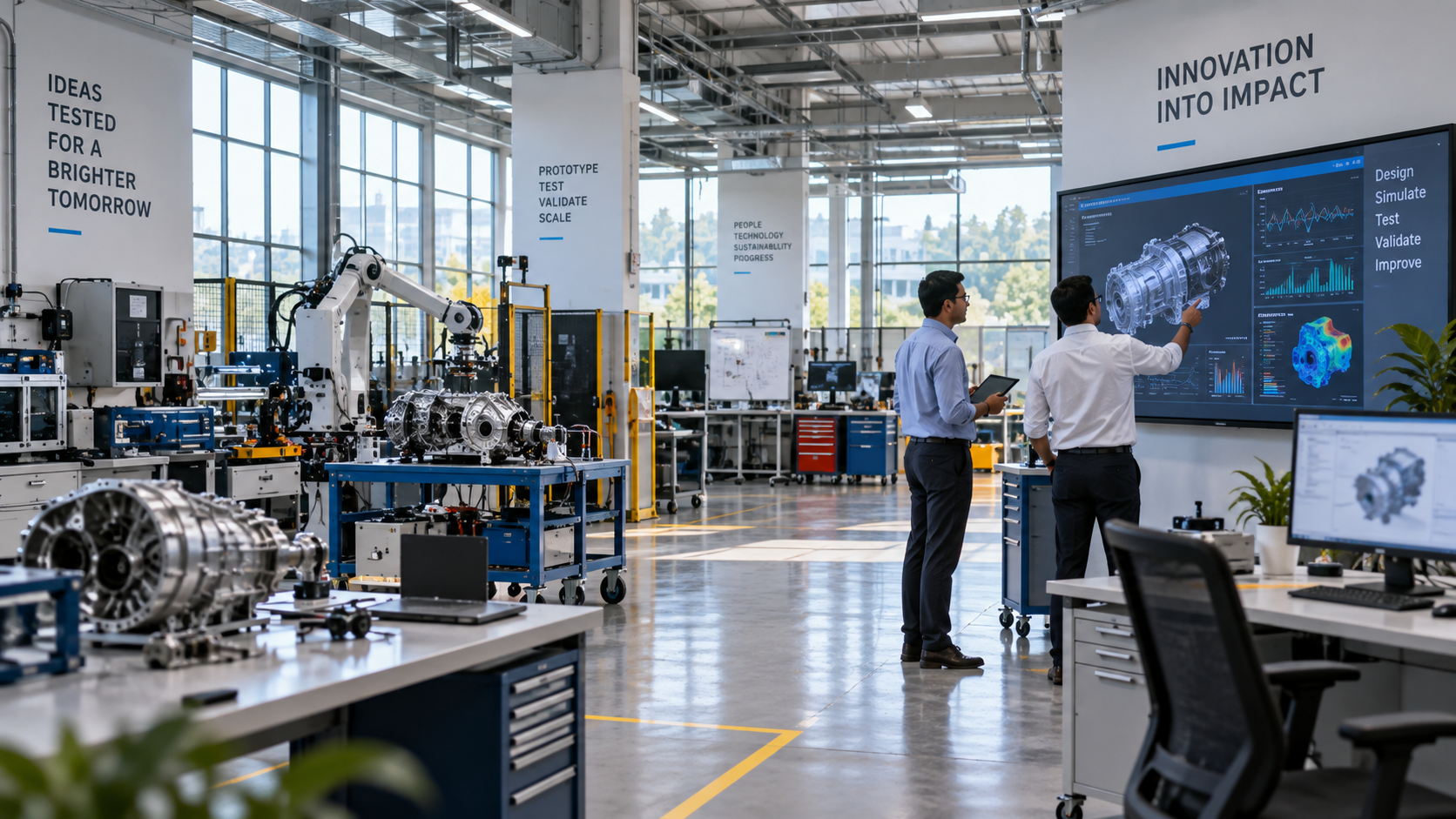 Modern engineering laboratory with two engineers reviewing 3D engine designs on a large digital screen, with a robotic arm and engine components nearby, representing research capability building