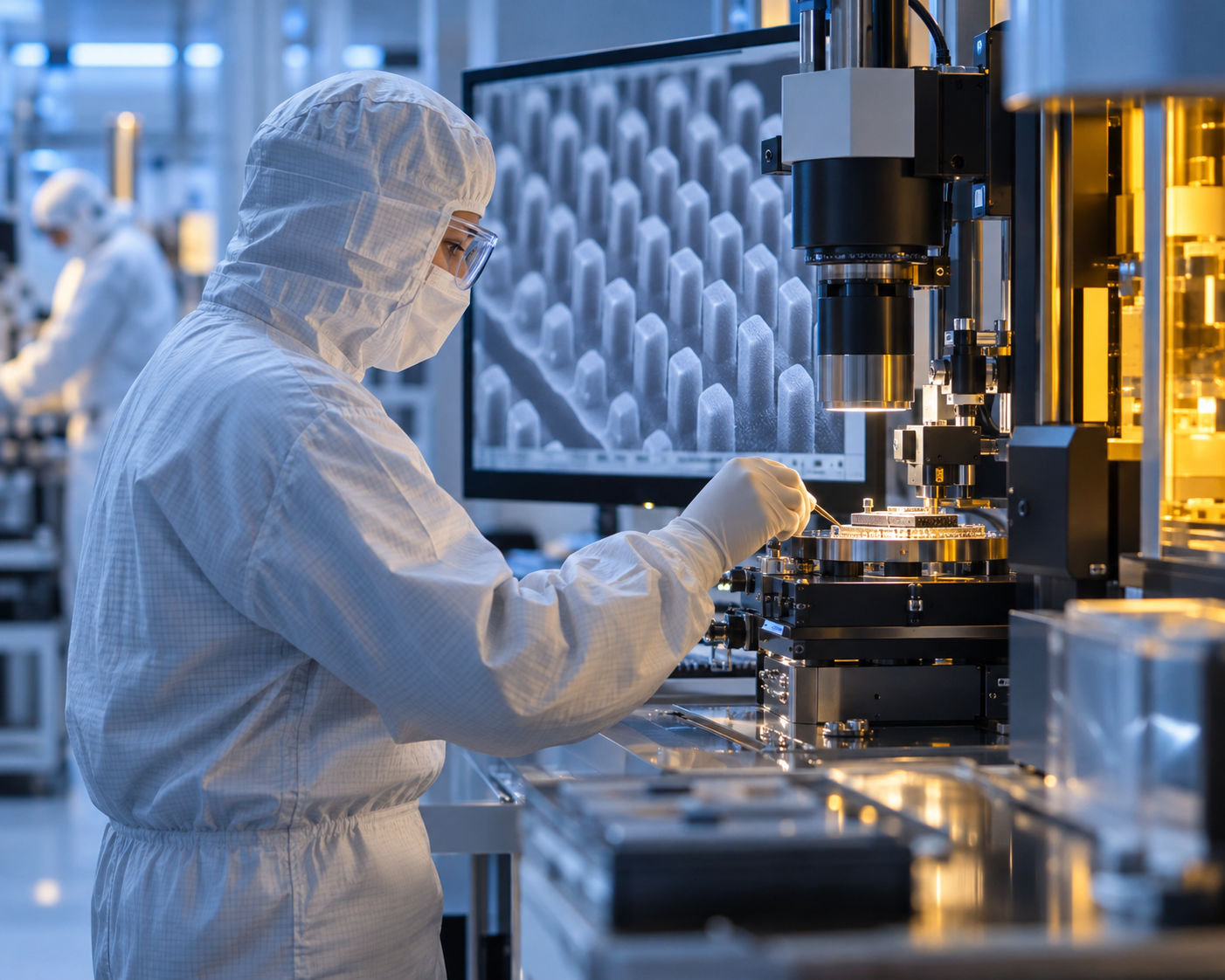Nanotechnology researcher operating precision equipment in a cleanroom